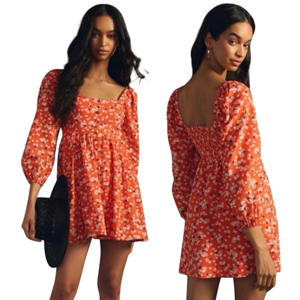 Anthropologie Orange Floral Puff Sleeve Mini Dress Smocked Balloon Sleeves Sz M